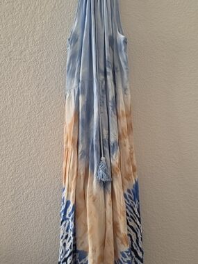 Boho Tie-Dye Maxi Skirt in Light Blue and Tan
